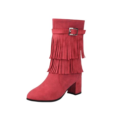LDXEQIZ Vintage Stiefeletten Mit Fransen PU-Leder Ankle Boots Mit Schnalle Herbst Winter Kurz Stiefel Mit Seitlichem Reißverschluss Große Größe Knöchel Schuhe Mit Absatz,36-43EU(Red,42 EU) von LDXEQIZ