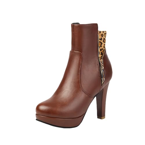 LDXEQIZ Vintage Stiefeletten Mit Leopardenmuster Damen PU-Leder Kurz Stiefel Plateau Ankle Boots Mit Blockabsat Reißverschluss Booties Große Größe Knöchel Schuhe Herbst Winter High Heels(Brown,37 EU) von LDXEQIZ