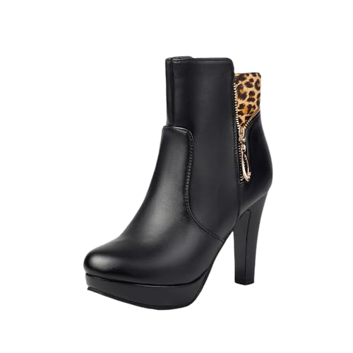 LDXEQIZ Vintage Stiefeletten Mit Leopardenmuster Damen PU-Leder Kurz Stiefel Plateau Ankle Boots Mit Blockabsat Reißverschluss Booties Große Größe Knöchel Schuhe Herbst Winter High Heels(Black,43 EU) von LDXEQIZ