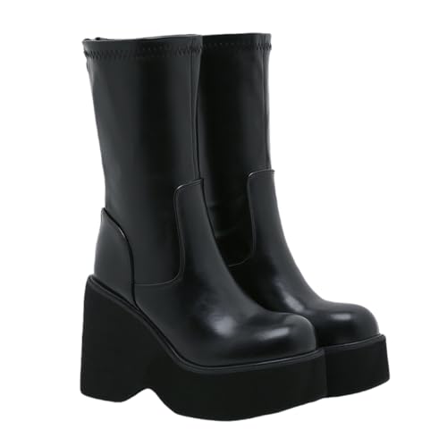 LDXEQIZ Y2K-Stil Stiefeletten Damen Keilabsatz Mittelhohe Stiefel Plateau Gothic Ankle Boots Britischerstil Biker Booties Mit Reißverschluss,11cm PU-Leder High Heels Für Party,Cosplay(38 EU) von LDXEQIZ