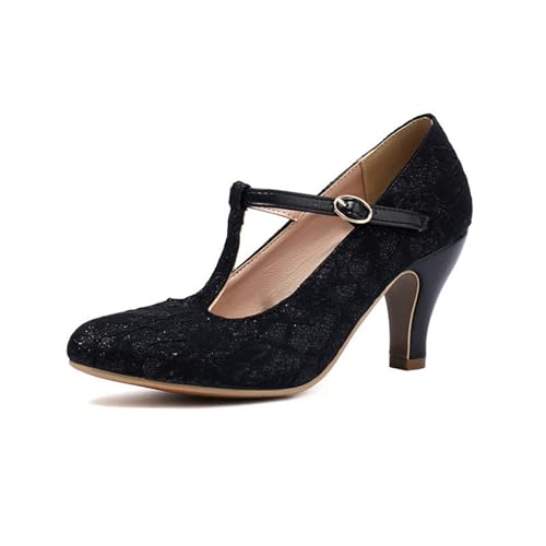 Lace Pumps Damen Dirndl Schuhe Bequem Tanzschuhe mit Absatz Retro Mittelalterlicher Trachtenschuhe Elegant Brautschuhe mit Knöchelriemen 8cm Absatzschuhe Für Hochzeiten Party(Black,37 EU) von LDXEQIZ