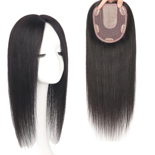 Natürliche Schwarze Haar-Topper for Frauen 100% Echthaarteile 13 X 15 Cm Clip-In-Toupet Mit Spitzenbasis 18-Zoll-Haarverlängerungen for Dünner Werdendes Haar von LDXEQIZ