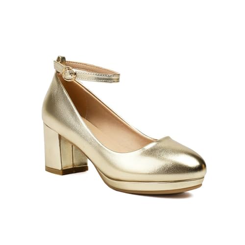 Pumps Damen PU-Lackleder Trachtenschuhe Round Toe Dirndl Schuhe Riemchen High Heel Elegant Bequem Brautschuhe Blockabsat Tanzschuhe Für Festliche, Party Große Größe Absatzschuh(Gold,37 EU) von LDXEQIZ
