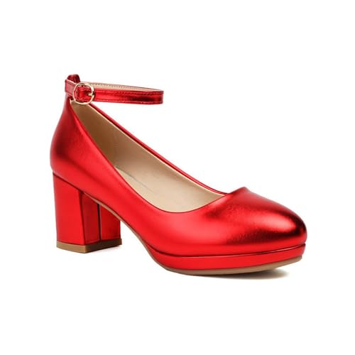 Pumps Damen PU-Lackleder Trachtenschuhe Round Toe Dirndl Schuhe Riemchen High Heel Elegant Bequem Brautschuhe Blockabsat Tanzschuhe Für Festliche, Party Große Größe Absatzschuh(Red,36 EU) von LDXEQIZ