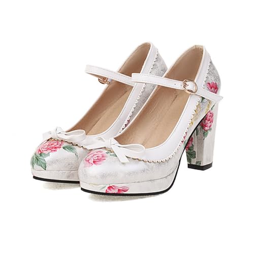 Pumps Mit Blumenmuster Damen Plateau Dirndl Schuhe Große Größe Trachtenschuhe Mit Blockabsatz PU-Leder Tanzschuhe Elegant Brautschuhe Mit Schleifen 9cm High Heel Mit Knöchelriemen(White,39 EU) von LDXEQIZ