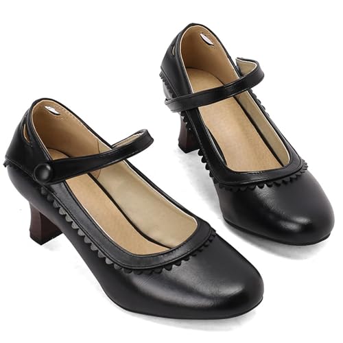 Pumps Mit Knöchelriemen Damen Vintage Mittelalterliche Dirndl Schuhe Große Größe Trachtenschuhe Bequem Tanzschuhe Mit Absatz PU-Leder Brautschuhe Elegant Patchwork High Heel(Black,39 EU) von LDXEQIZ