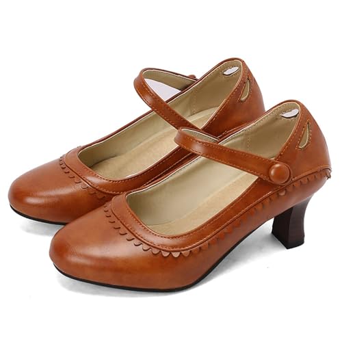 Pumps Mit Knöchelriemen Damen Vintage Mittelalterliche Dirndl Schuhe Große Größe Trachtenschuhe Bequem Tanzschuhe Mit Absatz PU-Leder Brautschuhe Elegant Patchwork High Heel(Brown,42 EU) von LDXEQIZ