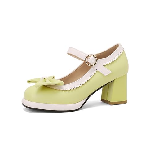 Pumps mit Schleifen Damen Dirndl Schuhe Square Toe Trachtenschuhe Elegant Bequem Tanzschuhe mit Blockabsatz 6.5cm High Heel Für Lolita Cosplay PU-Leder Brautschuhe Mit Knöchelriemen(Green,43 EU) von LDXEQIZ