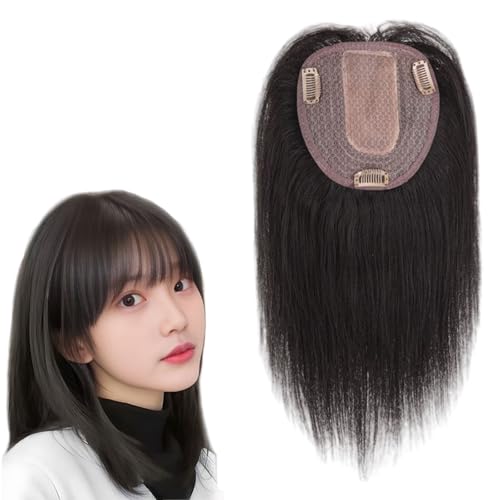 Schwarze Haar-Toppermit Pony 100% Echthaarteile for Frauen 5 X 5 Zoll Seidentoupet Clip-In-Haarteile Haarverlängerungen for Dünner Werdendes Haar(8 inch) von LDXEQIZ