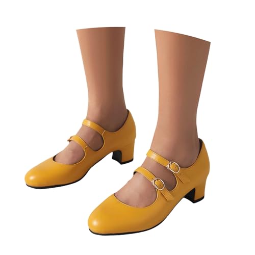 Trachtenschuhe Damen Breite Füße Pumps PU-Leder Dirndl Schuhe Round Toe Brautschuhe Elegant Bequem Tanzschuhe Mit Absatz Riemchen High Heels Für Hochzeiten/Oktoberfest/Party(Yellow,43 EU) von LDXEQIZ