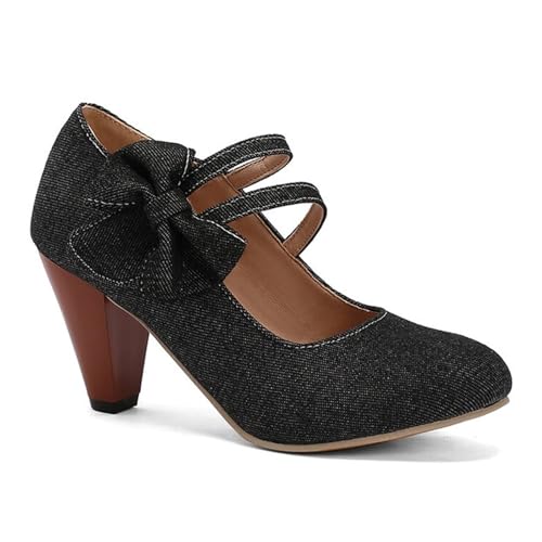Trachtenschuhe Damen Denim Pumps Vintage Mittelalterliche Dirndl Schuhe Elegant Brautschuhe Mit Schleifen Bequeme Tanzschuhe Mit Absatz Für Hochzeiten/Oktoberfest/Party(Black,42 EU) von LDXEQIZ