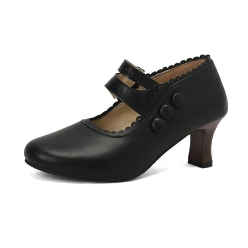 Trachtenschuhe Damen Dirndl Schuhe mit Absatz Vintage Mittelalterliche Pumps Elegant Brautschuhe mit Knöchelriemen Große Größe High Heel PU-Leder Tanzschuhe Für Oktoberfest/Party(Black,42 EU) von LDXEQIZ