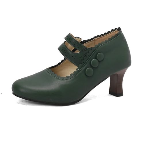 Trachtenschuhe Damen Dirndl Schuhe mit Absatz Vintage Mittelalterliche Pumps Elegant Brautschuhe mit Knöchelriemen Große Größe High Heel PU-Leder Tanzschuhe Für Oktoberfest/Party(Green,40 EU) von LDXEQIZ