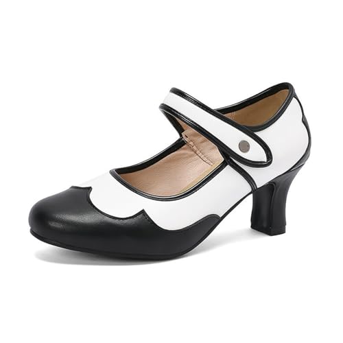 Trachtenschuhe Mit Absatz Damen Große Größe Pumps Retro Mittelalterlicher Dirndl Schuhe Round Toe Brautschuhe Elegant Bequem Tanzschuhe PU-Leder Patchwork High Heel Für Oktoberfest(Black,43 EU) von LDXEQIZ