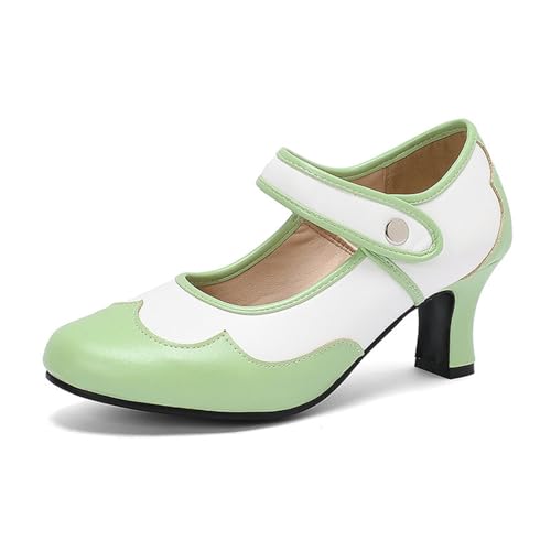 Trachtenschuhe Mit Absatz Damen Große Größe Pumps Retro Mittelalterlicher Dirndl Schuhe Round Toe Brautschuhe Elegant Bequem Tanzschuhe PU-Leder Patchwork High Heel Für Oktoberfest(Green,42 EU) von LDXEQIZ