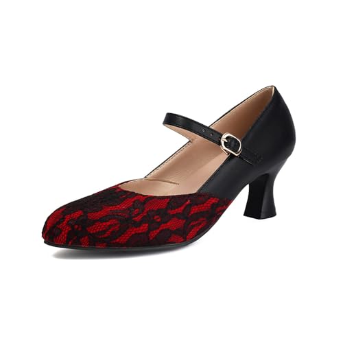Trachtenschuhe Mit Knöchelriemen Damen Dirndl Schuhe Vintage Mittelalterliche Pumps Elegant Bequem Tanzschuhe Mit Absatz PU-Leder Brautschuhe Große Größe High Heel,36-43(Red,39 EU) von LDXEQIZ