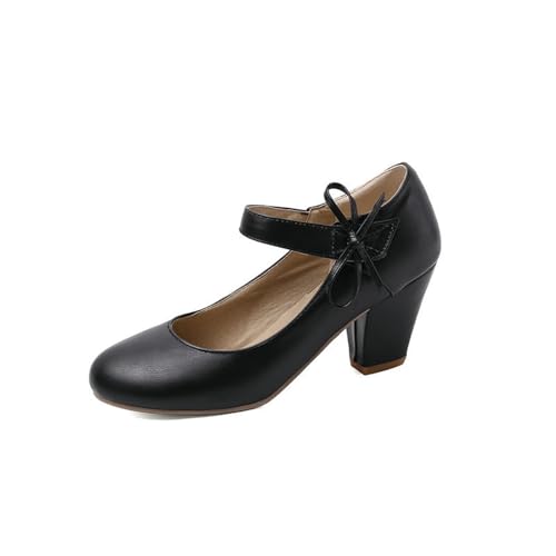 Trachtenschuhe mit Schleifen Damen Große Größe Pumps Retro Dirndl Schuhe Elegant Bequem Tanzschuhe mit Absatz PU-Leder High Heels für Hochzeiten/Party(Black,37 EU) von LDXEQIZ