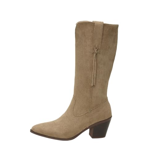 Vintage Hohe Stiefel Mit Fransen Damen Western Cowboy Stiefel Pointed Toe Langschaft Boots Mit Blockabsatz Große Größe Reitstiefel Wildleder Trachten Schuhe,36-43EU(Beige,36 EU) von LDXEQIZ