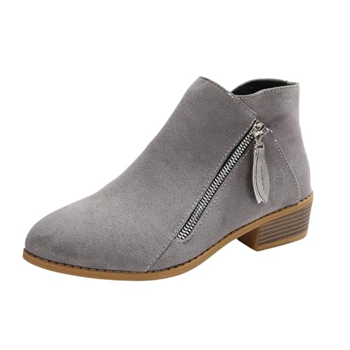 Vintage Kurz Stiefel Damen Elegant Ankle Boots Mit Niedrige Absätze Herbst Winter Wildleder Stiefeletten Worker Booties Mit Reißverschluss Freizeit Große Größe Knöchel Schuhe(Gray,42 EU) von LDXEQIZ