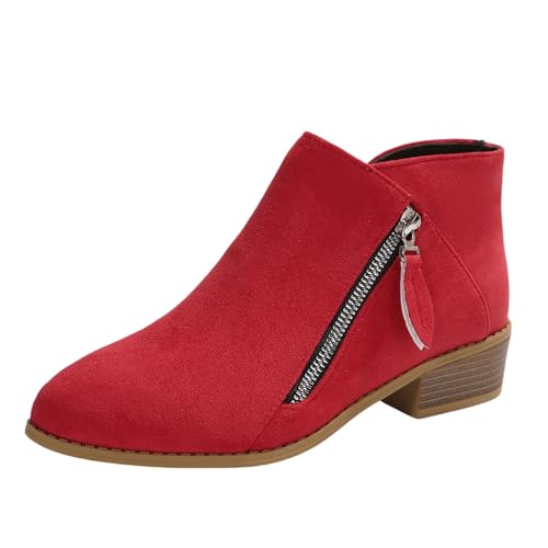 Vintage Kurz Stiefel Damen Elegant Ankle Boots Mit Niedrige Absätze Herbst Winter Wildleder Stiefeletten Worker Booties Mit Reißverschluss Freizeit Große Größe Knöchel Schuhe(Red,37 EU) von LDXEQIZ