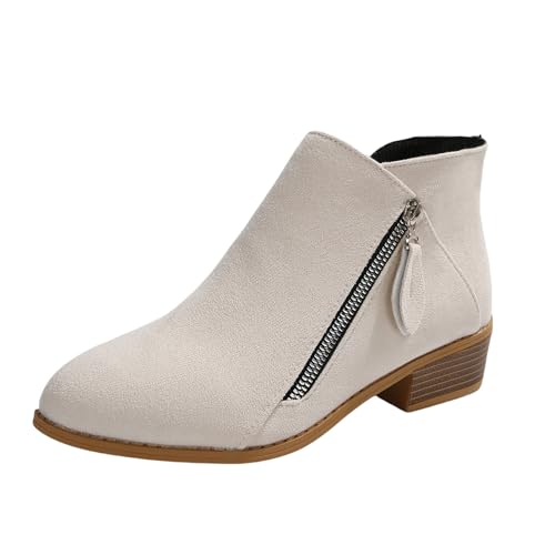 Vintage Kurz Stiefel Damen Elegant Ankle Boots Mit Niedrige Absätze Herbst Winter Wildleder Stiefeletten Worker Booties Mit Reißverschluss Freizeit Große Größe Knöchel Schuhe(White,38 EU) von LDXEQIZ