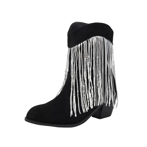 Vintage Stiefeletten Mit Paillettenfransen Damen Western Cowboystiefel Bequeme Ankle Boots Mit Blockabsatz Wildleder Pull-on Booties Große Größe Knöchel Schuhe Für Country(43 EU) von LDXEQIZ