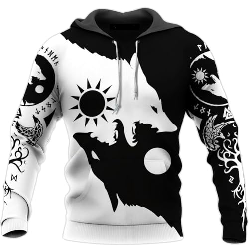 LDZDGD Wikinger-Kapuzenpullover mit Yin Yang Wolf, 3D-Druck, Nordische Mythologie, Söhne von Fenrir, Skoll und Hati-Tattoo, Pullover-Sweatshirt(3XL) von LDZDGD