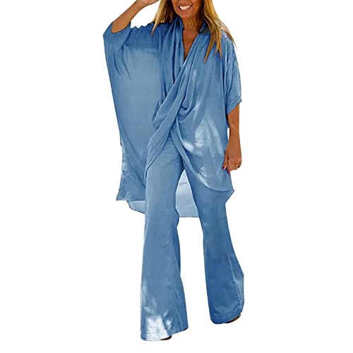 2-teiliges Outfit für Frauen 2023 Sommer Kurzarm Wrap V-Ausschnitt Tops Breites Bein Hosen Set Strampler für Frauen Elegant, blau, 54 von LDadgf