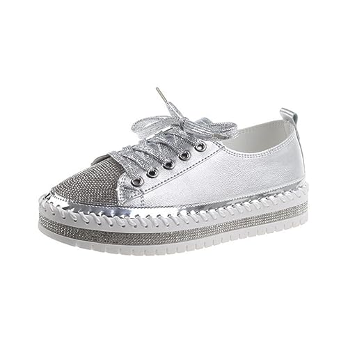 LDadgf Kleine weiße Schuhe Damen 2023 Diamantbesetzte Schuhe mit Pailletten und Kanten, modische Sneakers Damen Schuhe Sommer Ballerina (Silver, 42) von LDadgf