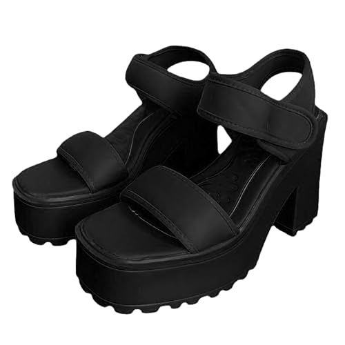 LDadgf Sommer Candy Farbe Ein Strap High Heels Runde Blockabsatz Casual Sandalen Damenschuhe 35 (Black, 39) von LDadgf
