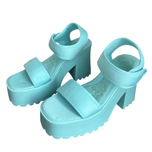 LDadgf Sommer Candy Farbe Ein Strap High Heels Runde Blockabsatz Casual Sandalen Damenschuhe 35 (Blue, 40) von LDadgf