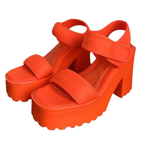 LDadgf Sommer Candy Farbe Ein Strap High Heels Runde Blockabsatz Casual Sandalen Damenschuhe 35 (Orange, 41) von LDadgf