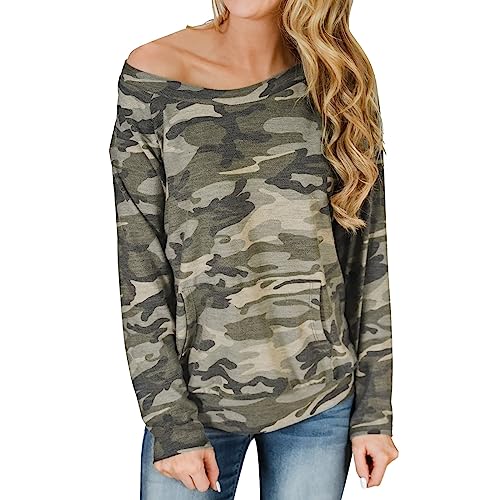 Langarm-T-Shirt-Oberteil für Damen mit Rundhalsausschnitt, Camouflage-Aufdruck, lässige Passform Damen Große Größen Langarm (AG, L) von LDadgf