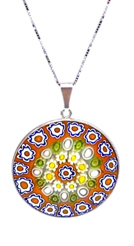 Murrina Millefiori aus Muranoglas mit Rand und Kette aus 925er Silber, Durchmesser 32 mm, x, Sterling Silber, Glas Murrina Millefiori aus Muranoglas mit Rand und Kette aus 925er Silber, Durchmesser 32 mm, x, Sterling Silber, Glas von LE GEMME DI VENEZIA