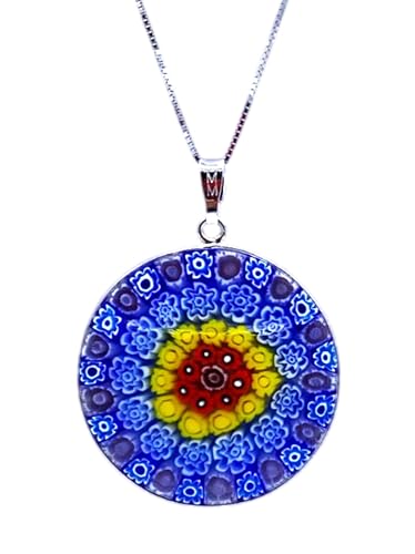 Murrina Millefiori aus Muranoglas mit Rand und Kette aus 925er Silber, Durchmesser 32 mm, x, Sterling Silber, Glas Murrina Millefiori aus Muranoglas mit Rand und Kette aus 925er Silber, Durchmesser 32 mm, x, Sterling Silber, Glas von LE GEMME DI VENEZIA
