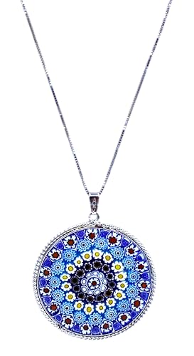 Murrina Millefiori aus Muranoglas mit Rand und Kette aus 925er Silber, Durchmesser 36 mm, x, Sterling Silber, Glas Murrina Millefiori aus Muranoglas mit Rand und Kette aus 925er Silber, Durchmesser 36 mm, x, Sterling Silber, Glas von LE GEMME DI VENEZIA