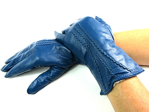 Damen Premium Quality Super Weich Leder Handschuhe Pelzfutter Streifen Detail Slim Fit - Hellblau, S von LE