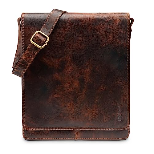 LEABAGS Leder Messenger Bag, London Vintage Herren Umhängetaschen, Echtleder Aktentasche Laptoptasche bis 13 Zoll, Umhängetasche mit Schultergurt Arbeitstasche Herren Lehrertasche von LEABAGS