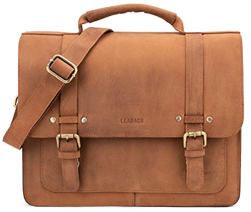 LEABAGS Leder Aktentasche Herren & Damen I Echtleder Laptoptasche bis 14 Zoll I Umhängetasche mit Schultergurt I Schultertasche I Messenger Bag I Arbeitstasche I Lehrertasche I Nature Hellbraun von LEABAGS