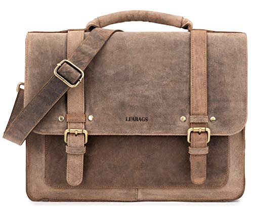 LEABAGS Leder Aktentasche Herren & Damen I Echtleder Laptoptasche bis 14 Zoll I Umhängetasche mit Schultergurt I Schultertasche I Messenger Bag I Arbeitstasche I Lehrertasche I Vintage Graubraun von LEABAGS