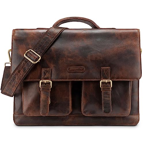 LEABAGS Leder Aktentasche Herren & Damen I Echtleder Laptoptasche bis 15 Zoll I Umhängetasche mit Schultergurt I Schultertasche I Messenger Bag I Arbeitstasche I Lehrertasche I Brown Marble von LEABAGS