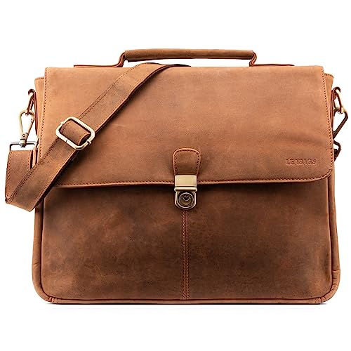 Leder Umhängetasche Herren Aktentasche - LEABAGS Vintage Laptoptasche Messenger Bag für 15 Zoll Laptop, Umhängetasche mit Schultergurt, Notebooktasche Leder，Arbeitstasche,Schultertasche（Fox） von LEABAGS