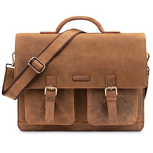 LEABAGS Leder Aktentasche Herren & Damen I Echtleder Laptoptasche bis 15 Zoll I Umhängetasche mit Schultergurt I Schultertasche I Messenger Bag I Arbeitstasche I Lehrertasche I Fox von LEABAGS