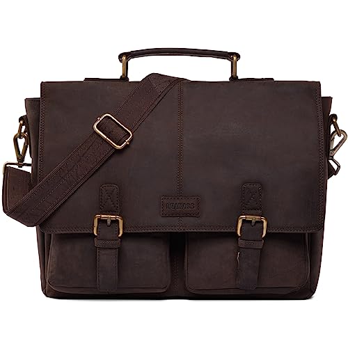 LEABAGS Leder Aktentasche Herren & Damen I Echtleder Laptoptasche bis 15 Zoll I Umhängetasche mit Schultergurt I Schultertasche I Messenger Bag I Arbeitstasche I Lehrertasche I Nature Dunkelbraun von LEABAGS