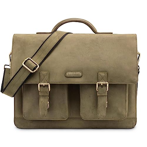 LEABAGS Leder Aktentasche Herren & Damen I Echtleder Laptoptasche bis 15 Zoll I Umhängetasche mit Schultergurt I Schultertasche I Messenger Bag I Arbeitstasche I Lehrertasche I Nature Grün von LEABAGS