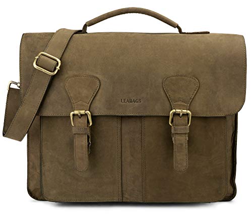 LEABAGS Leder Aktentasche Herren & Damen I Echtleder Laptoptasche bis 15 Zoll I Umhängetasche mit Schultergurt I Schultertasche I Messenger Bag I Arbeitstasche I Lehrertasche I Nature Grün von LEABAGS