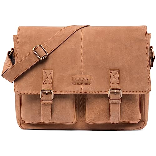 LEABAGS Messenger Bag Männer Vintage, Cambridge Echtleder Herren Umhängetaschen Aktentasche Herren & Damen Leder Laptoptasche Groß bis 15 Zoll Umhängetasche mit Schultergurt von LEABAGS