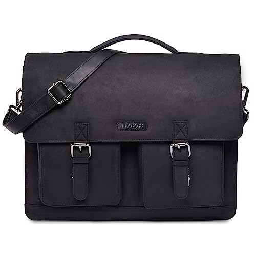 LEABAGS Leder Aktentasche Herren & Damen I Echtleder Laptoptasche bis 15 Zoll I Umhängetasche mit Schultergurt I Schultertasche I Messenger Bag I Arbeitstasche I Lehrertasche I Nature Schwarz von LEABAGS