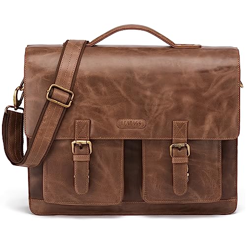 LEABAGS Leder Aktentasche Herren & Damen I Echtleder Laptoptasche bis 15 Zoll I Umhängetasche mit Schultergurt I Schultertasche I Messenger Bag I Arbeitstasche I Lehrertasche I Vintage Cognac von LEABAGS