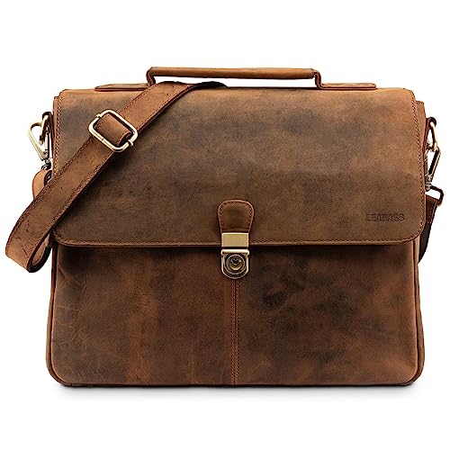 LEABAGS Leder Umhängetasche Herren Aktentasche Vintage Laptoptasche Messenger Bag für 15 Zoll Laptop, Schultertasche mit Schultergurt, Notebooktasche Leder，Arbeitstasche（Vintage Rotbraun） von LEABAGS